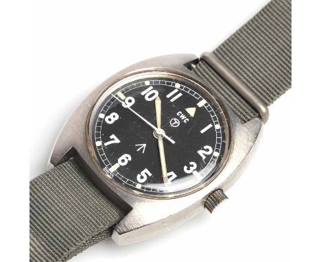 GENTLEMAN'S STAINLESS STEEL BRITISH MILITARY ISSUE CWC WRISTWATCH
manual wind movement, the black dial with Arabic numerals, 