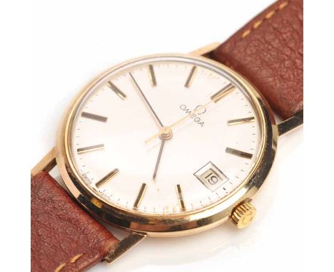 GENTLEMAN'S NINE CARAT GOLD OMEGA GENEVE WRISTWATCH
signed manual wind movement, the silvered dial with applied baton hour ma