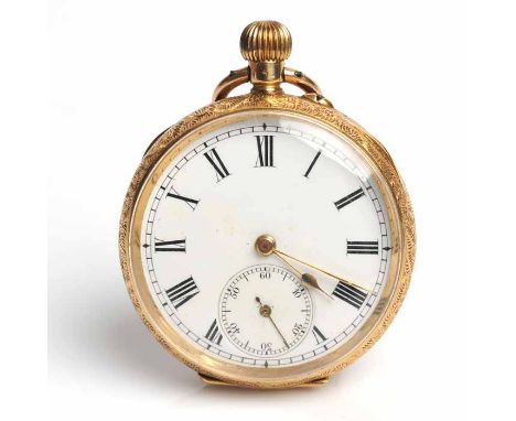 EIGHTEEN CARAT GOLD OPEN FACE FOB WATCH
unsigned keyless wind pin-set movement, the white enamel dial with Roman numerals, su