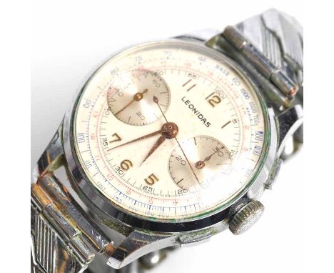 GENTLEMAN'S STAINLESS STEEL LEONIDAS CHRONOGRAPH WRISTWATCH
unsigned manual wind calibre 48 Landeron movement, the signed dia