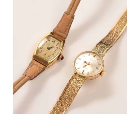 TWO LADY'S GOLD WRISTWATCHES
comprising of an eighteen carat gold art deco watch, with Arabic numerals, marked Rolex to the d
