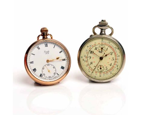 EARLY TWENTIETH CENTURY CHRONOGRAPH TACHYMETER POCKET WATCH
unsigned keyless wind movement, the white dial with Arabic numera