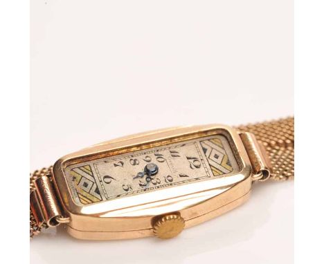 LADY'S EARLY TWENTIETH CENTURY ART DECO NINE CARAT GOLD COCKTAIL WATCH
by Everite, unsigned fifteen jewels manual wind moveme