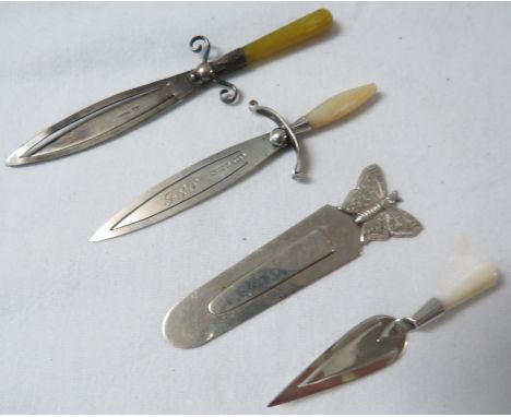 Four bookmarks - (1) a silver bookmark with butterfly terminal, length 8cm, marks for Birmingham, 1987, maker's stamp William