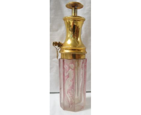 A French scent bottle or atomiser marked R. LALIQUE MADE IN FRANCE, the pink hued  octagonal glass reservoir moulded on alter