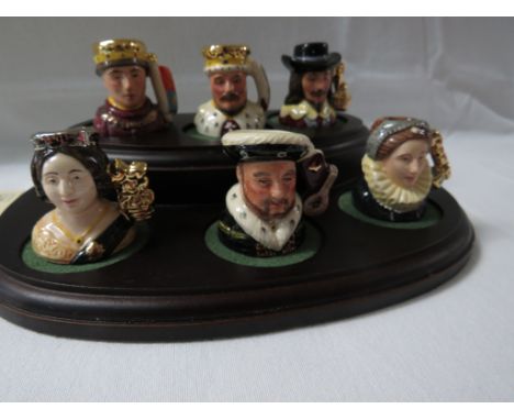 Royal Doulton Kings and Queens of the Realm collection of six hand-made miniature character jugs modelled by William K Harper