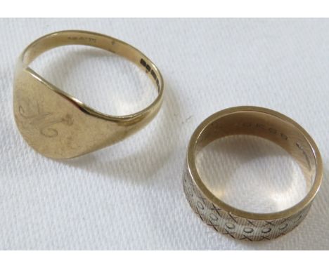 Two gold rings - the first a 9ct gold signet ring engraved M, 3.4g, size R for guidance only; the second a 9ct two tone gold 