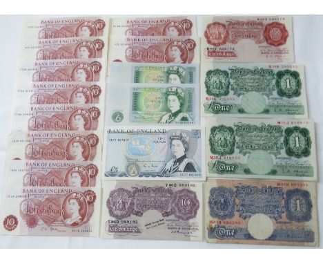 Blue Bank of England £1 note K. O. Peppiatt M81H, green Bank of England £1 note L. K. O'Brien M55J, green Bank of England £1 