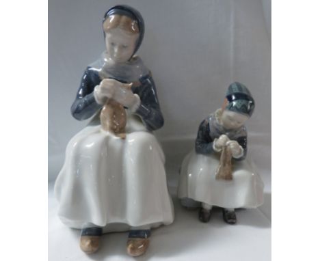 Two Royal Copenhagen figures - a young woman seated on a bench with sewing, numbered 1317, height 22cm, and a similar figure 
