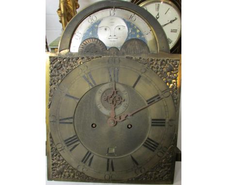 An early 19th century striking eight day clock movement with arched silvered and painted moon phase. A Roman chapter and an A