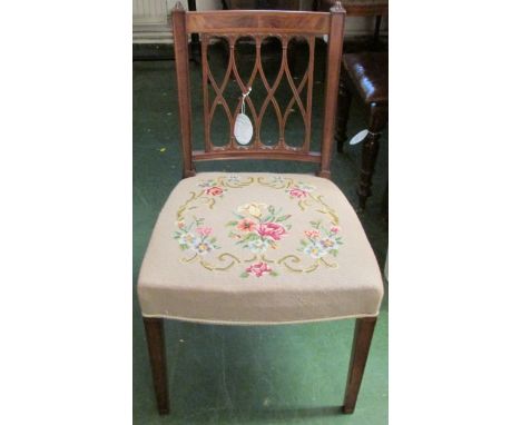 A finely carved mahogany framed Regency side chair with tapestry seat, height of back rail 85cm