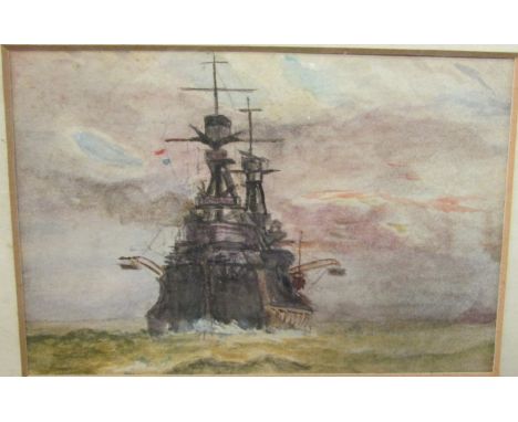 First World War battleship watercolour, 25cm x 28cm, F&G