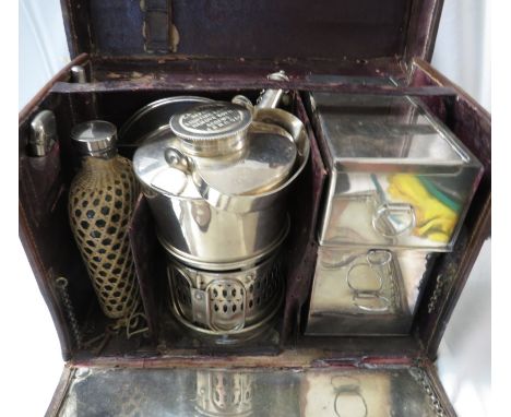 Edwardian era silver plated two-person picnic set in leather carry case - the set comprises spirit kettle and stand, food box