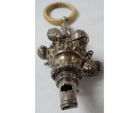Victorian silver baby's rattle, five bells (two being absent), ivory soother, marks for Birmingham, 1881, maker's stamp CC or