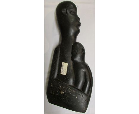 Sylvester Mubayi first generation Zimbabwe sculptor, shona carved spring stone figure of mother and child, incised MUBAYI to 