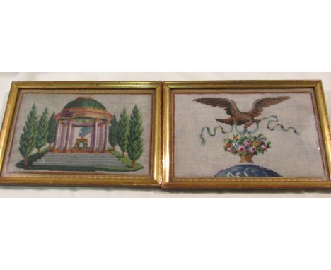 Two framed beadworks, the first depicting a bird with bow over a bowl of flowers, the second a pavilion amongst cypress trees