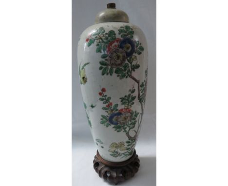 An ovoid Chinese porcelain vase converted to a table lamp, famille vert pallete with flowering shrubs and bird, fitted to car