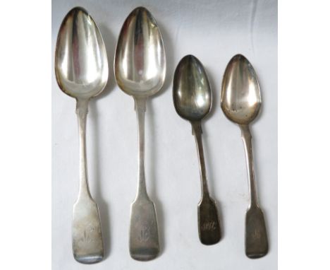 Two silver table spoons and two silver dessert spoons - the William IV table spoons fiddleback with monogram P to terminal, b