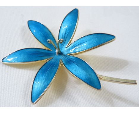 A Norwegian silver and blue guilloche enamel floral brooch of six petals and three stamens, length with stalk 6.3cm, stamped 