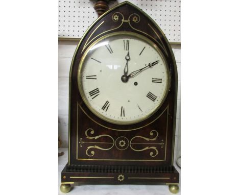 **Payment in person or by bank transfer only**A large brass inlaid mahogany mantle clock of pointed arch form with a circular