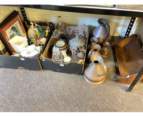 Graduated copper jugs, Royal Doulton figurines, decanters, book trough, prints, etc.
