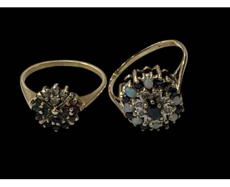 Sapphire, opal and diamond cluster ring set in 9 carat gold size N and a multi-stone diamond and gem set ring in 9 carat gold