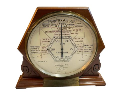 Short and Mason mahogany storm guide circular barometer and thermometer.