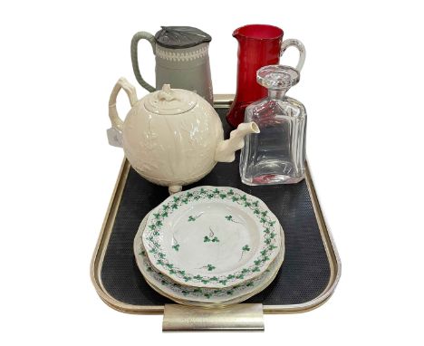 Orrefors glass decanter, ruby glass jug, relief jug, three Herend plates and teapot.