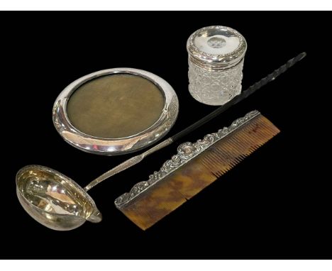 George III silver toddy ladle, London 1794, silver frame, hair tidy and comb (4).