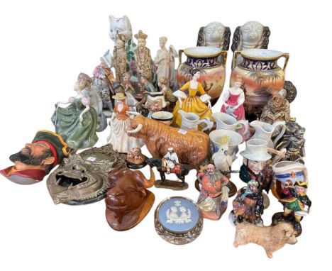 Pair of Noritake vases, Staffordshire dogs, Royal Doulton figurines, Beswick, etc.