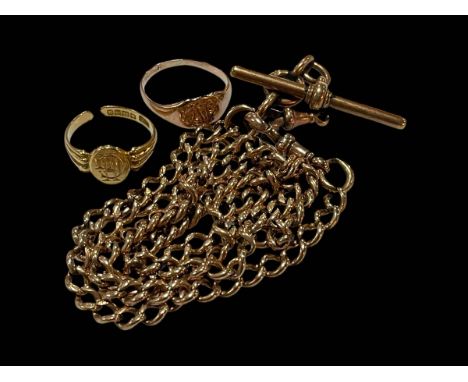 9 carat gold Albert chain, 9 carat gold signet ring and 18 carat gold signet ring.