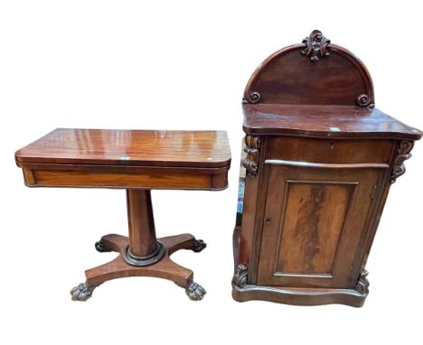 Victorian mahogany serpentine front single door cabinet, Victorian mahogany fold top card table and Victorian oak astragal gl