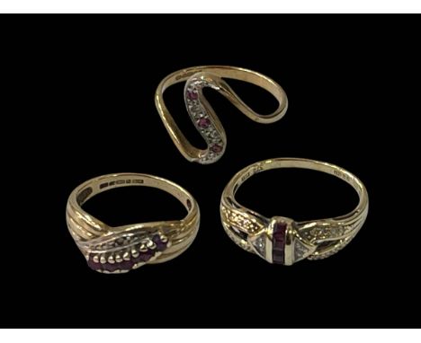 Two 9 carat gold, ruby and diamond rings, and ruby ring, sizes L, L & H.
