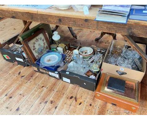 Collection of mantel clocks, glass, porcelain, cutlery, Georgian sampler, etc.