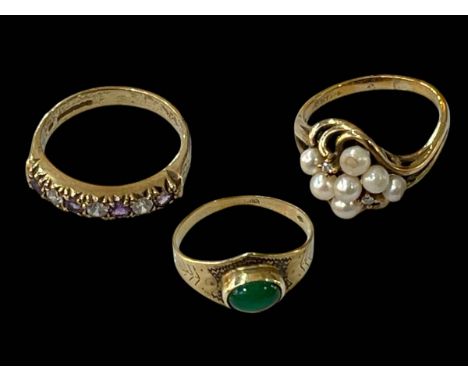 14 carat gold green stone ring, 9 carat gold and pearl ring and 9 carat gold, amethyst and white stone ring, sizes L, P & Q.