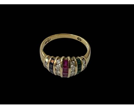 14 carat gold, sapphire, ruby, emerald and diamond band ring, size N.