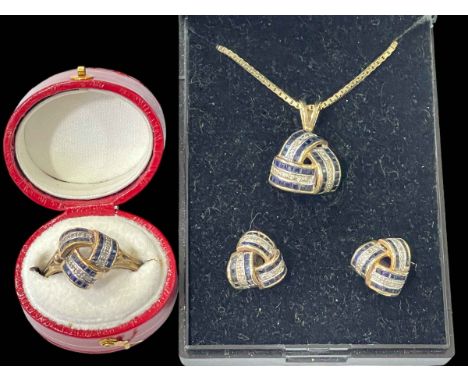 Suite of sapphire and diamond jewellery set in 9 carat gold comprising necklace and pendant, ring and earrings.