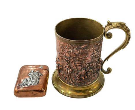 Ornate copper and brass pint tankard with relief decoration and America Graham & Co cigarette case (2).