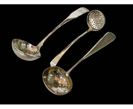 Russian silver sifting spoon 1879, Irish silver ladle Dublin 1805, and another possibly Scottish piece (3).
