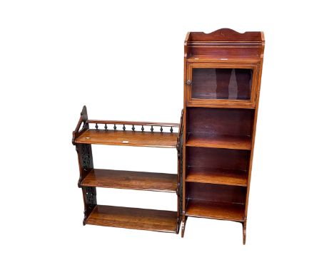 Slim Edwardian mahogany glazed door top open bookcase and Victorian fretwork three tier wall shelf (2).