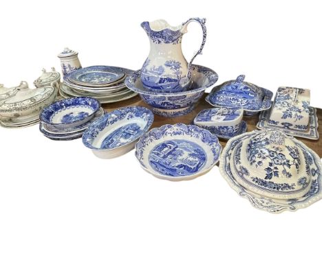 Collection of Spode blue and white pottery, early Victorian meat plates, etc.