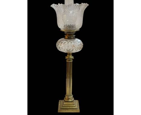 Victorian brass columned oil lamp with etched glass shade, 76cm high.