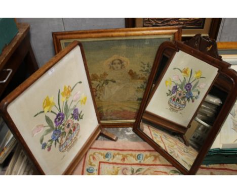 A VINTAGE FRAMED AND GLAZED NEEDLEWORK, NEEDLEWORK FIRESCREEN AND A MAHOGANY FRAMED MIRROR (3)