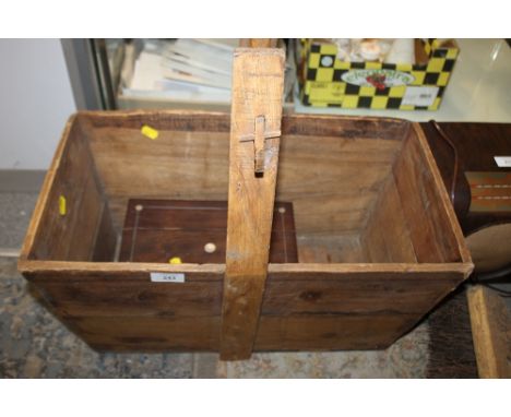 A VINTAGE WOODEN CARRIER BASKET TOGETHER WITH AN INLAID TRINKET BOX