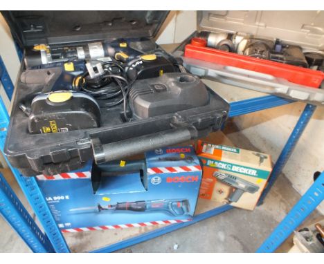 A CASED PRO DRILL DRIVER SET TOGETHER WITH A BOSCH ELECTRIC POWER SAW, CASED HAMMER DRILL PLUS A HEAT GUN