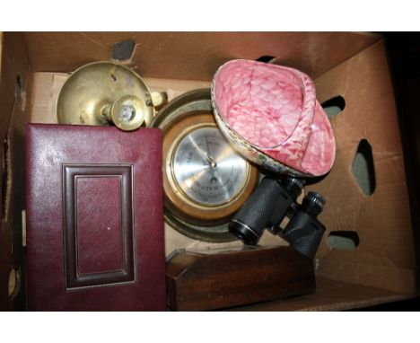 A LARGE BOX OF COLLECTABLES TO INCLUDE BINOCULARS, BAROMETER ETC