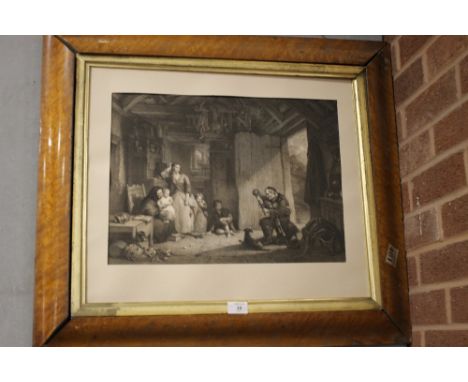 A FRAMED ENGRAVING DEPICTING A MAN PLAYING THE BAGPIPES TO HIS FAMILY 