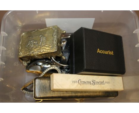 A BOX OF ASSORTED WRIST AND POCKET WATCHES, VINTAGE PENS ETC