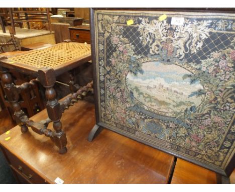 A TAPESTRY FIRESCREEN TOGETHER WITH A BERGERE BARLEYTWIST STOOL (2)