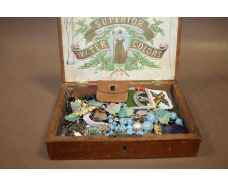 AN ANTIQUE WATERCOLOURS BOX CONTAINING VINTAGE COSTUME JEWELLERY ETC